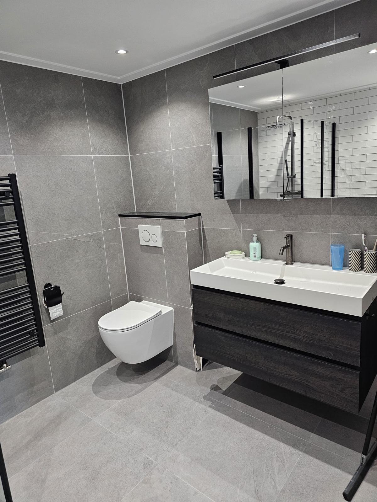 Bathroom after the renovation, with new tiles, toilet and vanity